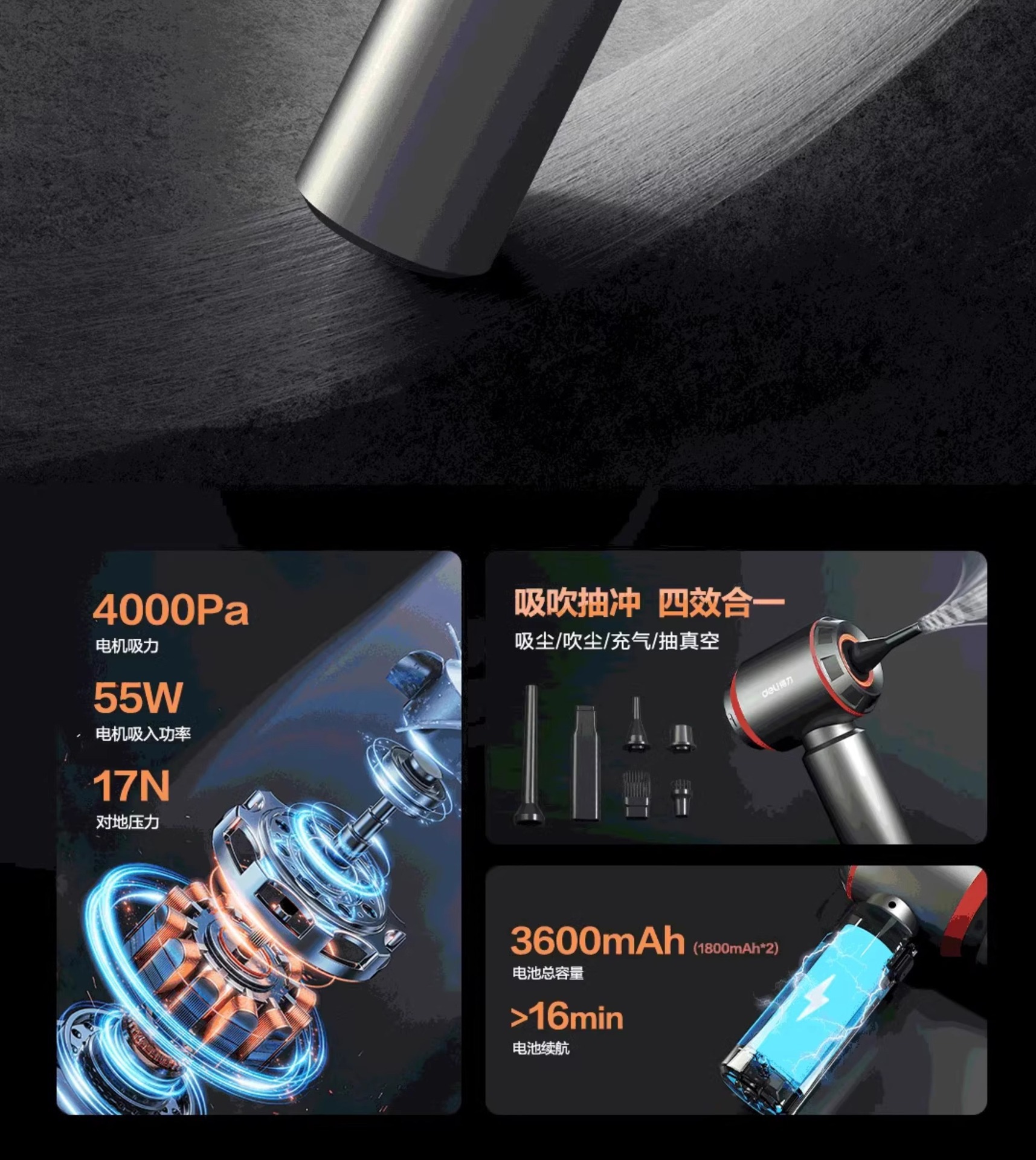 Deli Car Vacuum Cleaner Handheld Small New Model In-Car Blowing and Vacuuming Machine Home Use Wireless Super Powerful Suction