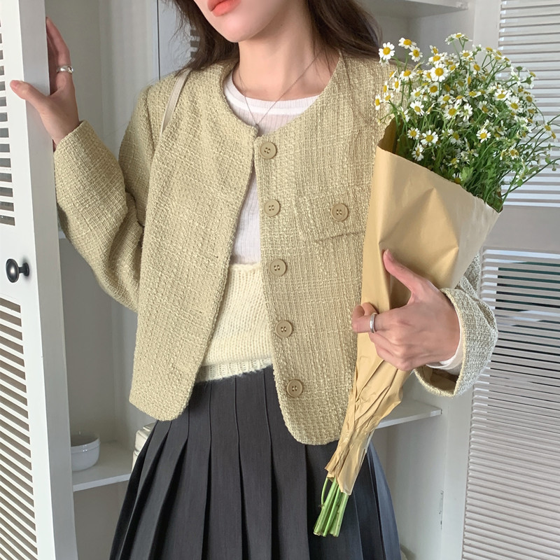 Korean Dongdaemun 2025 Autumn Retro Chanel-Style Round Neck Short Single-Breasted Tweed Blazer Jacket