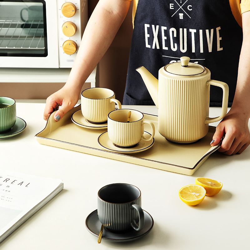 Xu Family Nordic Creative Ceramic Tray Afternoon Tea Set Including Teapot, Water Glasses, Coffee Cups, Saucers