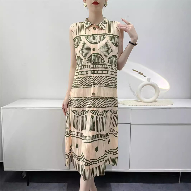 Summer New Shirt dress Women's Mid-length Printed Comfortable Casual Slimming Pleated Cardigan Skirt