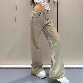 美式辣妹设计感满钻石牛仔裤女春秋新款个性满天星小众直筒长裤子