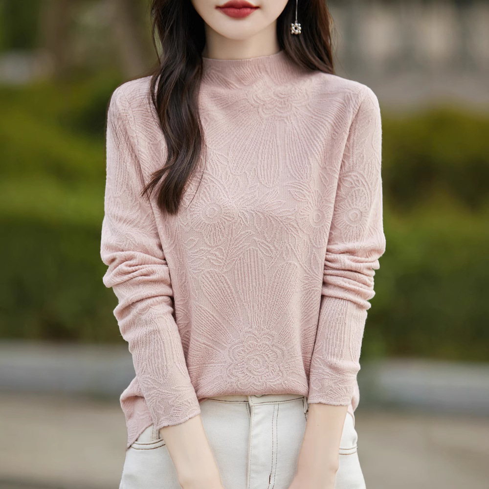 跨境欧根纱半高领打底衫毛衣女2025秋季新款雕花提花长袖针织宽松