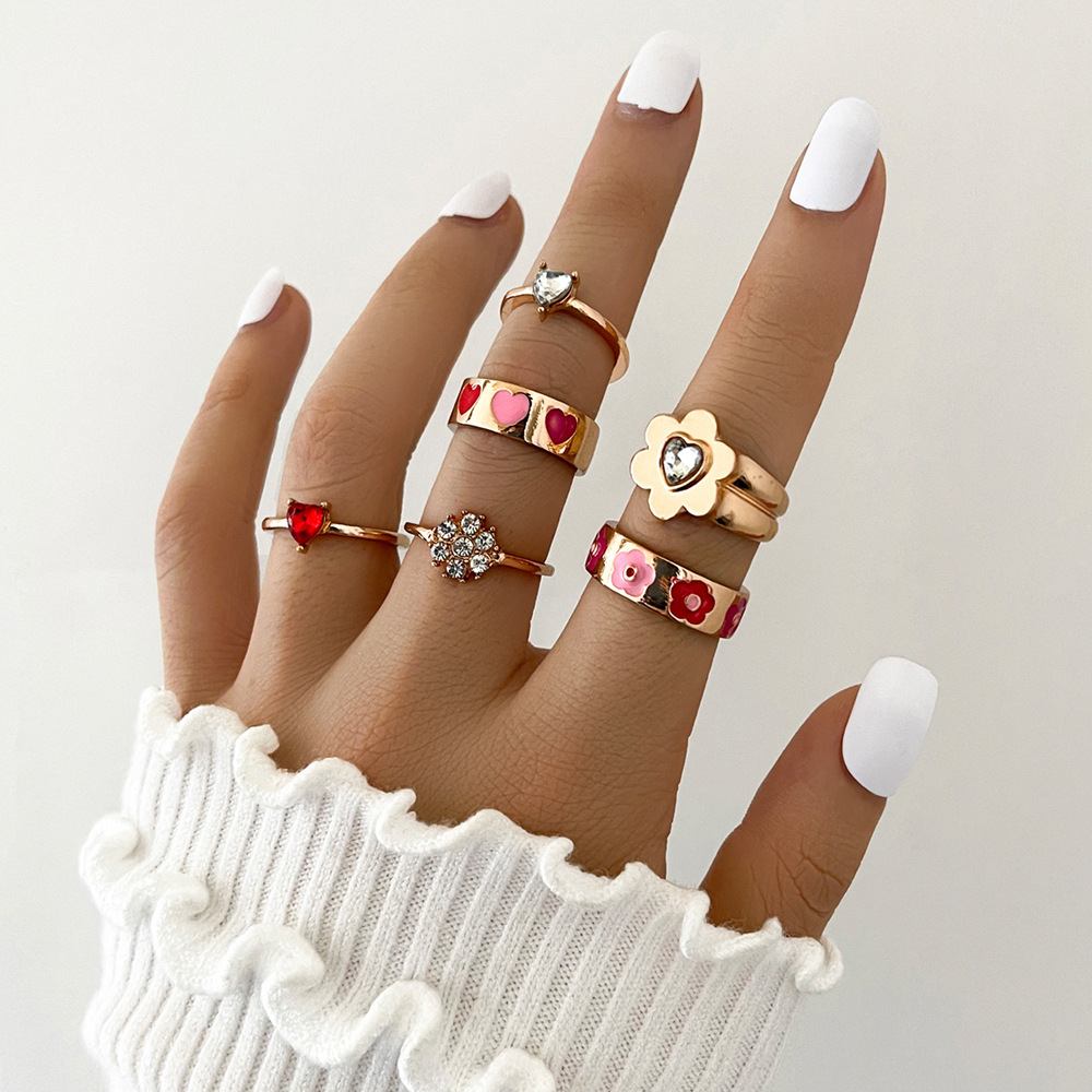 European And American Cross-border New Product Retro Color Love Flower Rhinestone Joint Ring Fashion Six-piece Set display picture 1