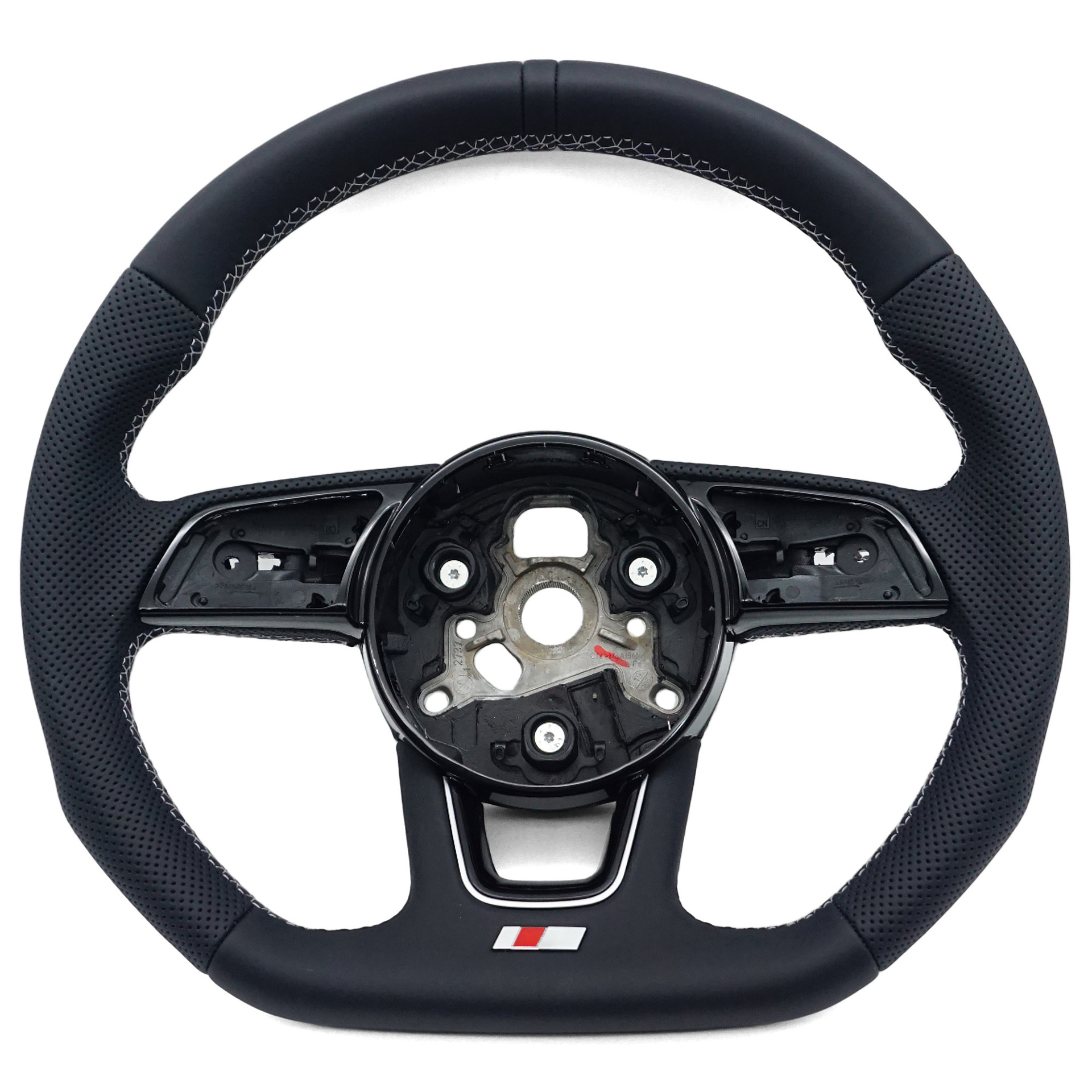 Suitable for Audi A4B9 S Standard Semi-Perforated White Line Black Leather Steering Wheel with Standard Logo, Sport Flat-Bottomed Steering Wheel