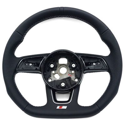 Suitable for Audi A4B9 S Standard Semi-Perforated White Line Black Leather Steering Wheel with Standard Logo, Sport Flat-Bottomed Steering Wheel