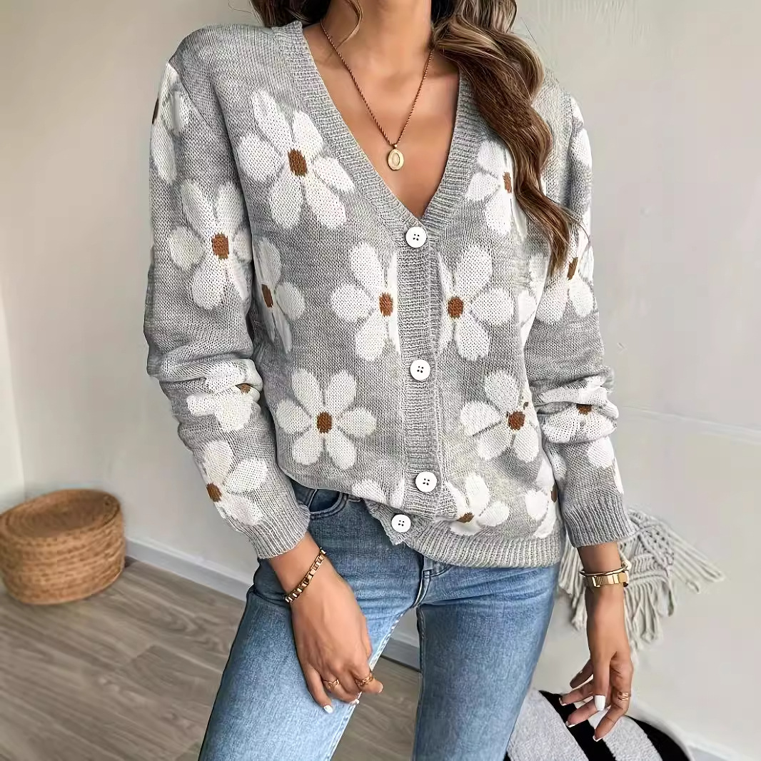 European and American Cross-Border Women's Flower Knitwear Autumn and Winter New V Neck Cardigan Jacquard Knitwear Women's Outwear
