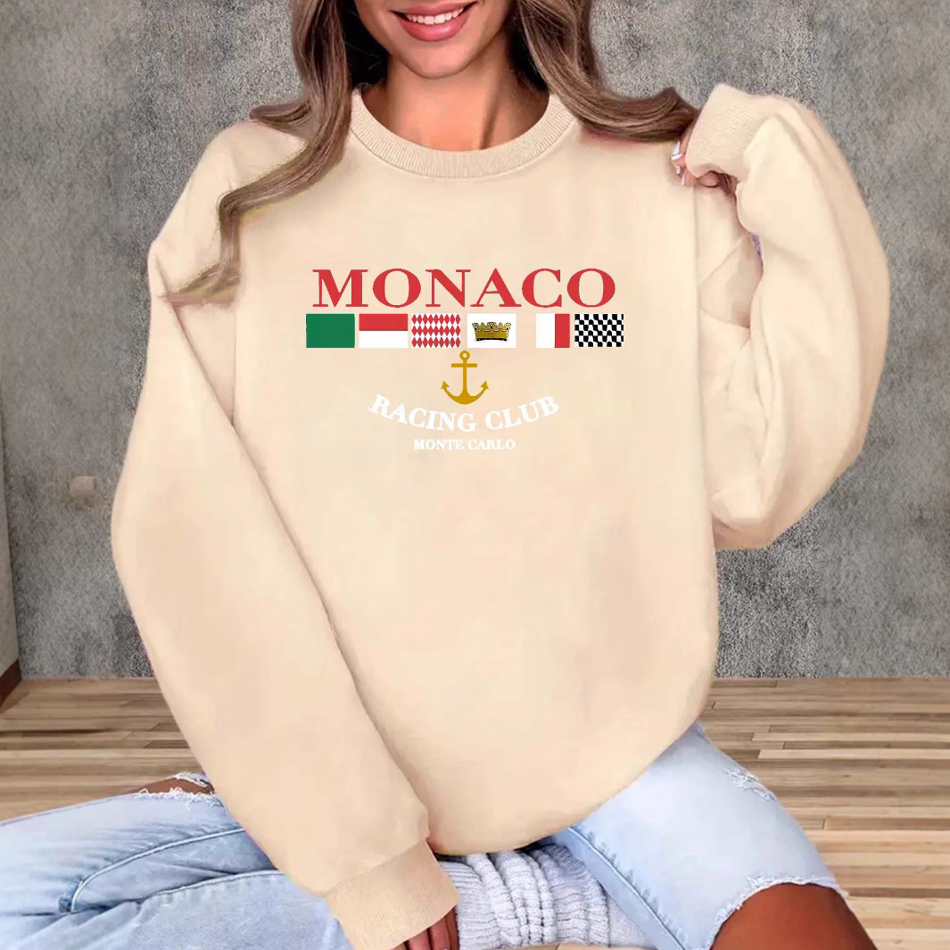 Women's Monaco Print Fashionable All-Match Streetwear Crew Neck Casual Sweatshirt Pullover_voghion.com