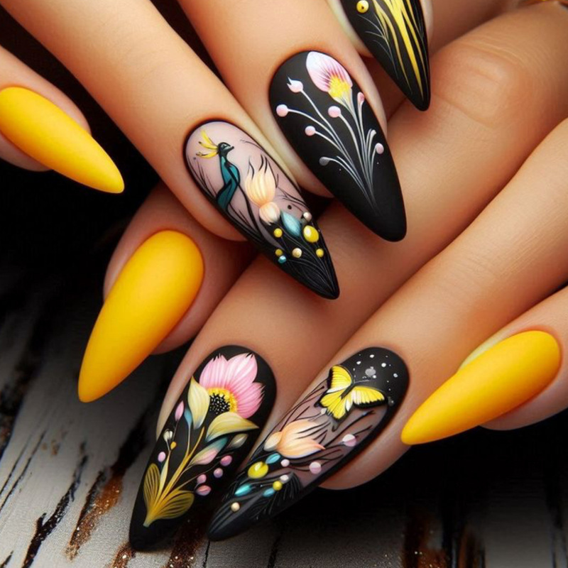 Wearable Almond-Shaped Yellow Matte Colorful Smudged Artistic Lines Personalized Manicure Patches Removable Fake Nails