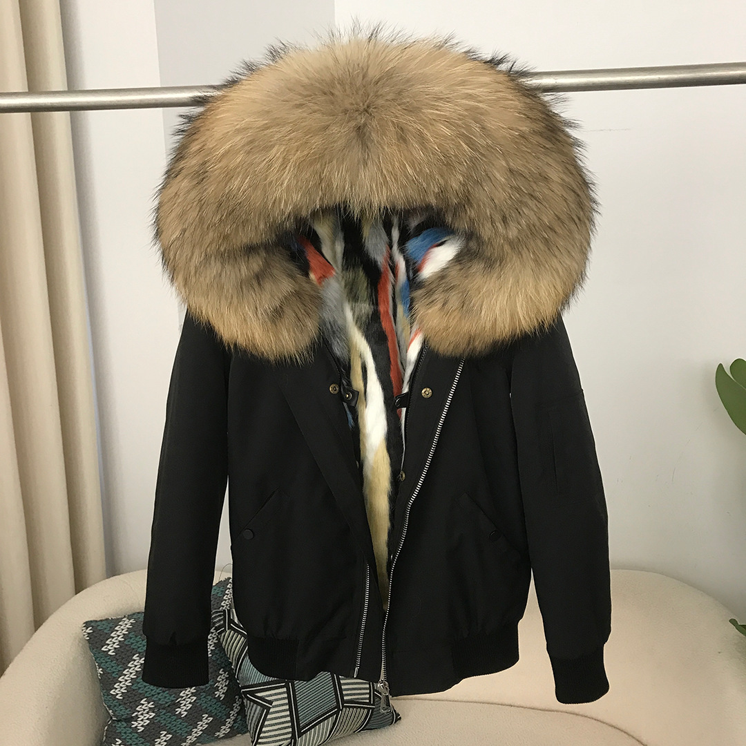 Damkläder Ny Parker Kort Moderiktig Pälsjacka för Dam Storstorlek Tvättbjörnspälskrage Avtagbar Minkpälsfoder_voghion.com