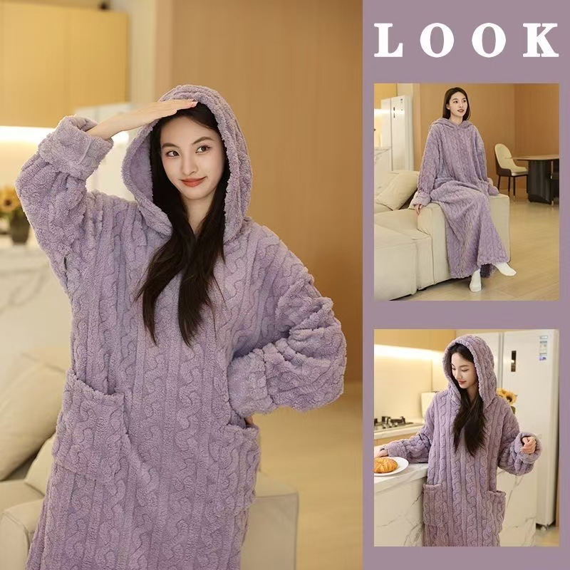 新款睡衣女连帽珊瑚绒睡袍女秋冬季中长款加绒加厚保暖家居服睡裙