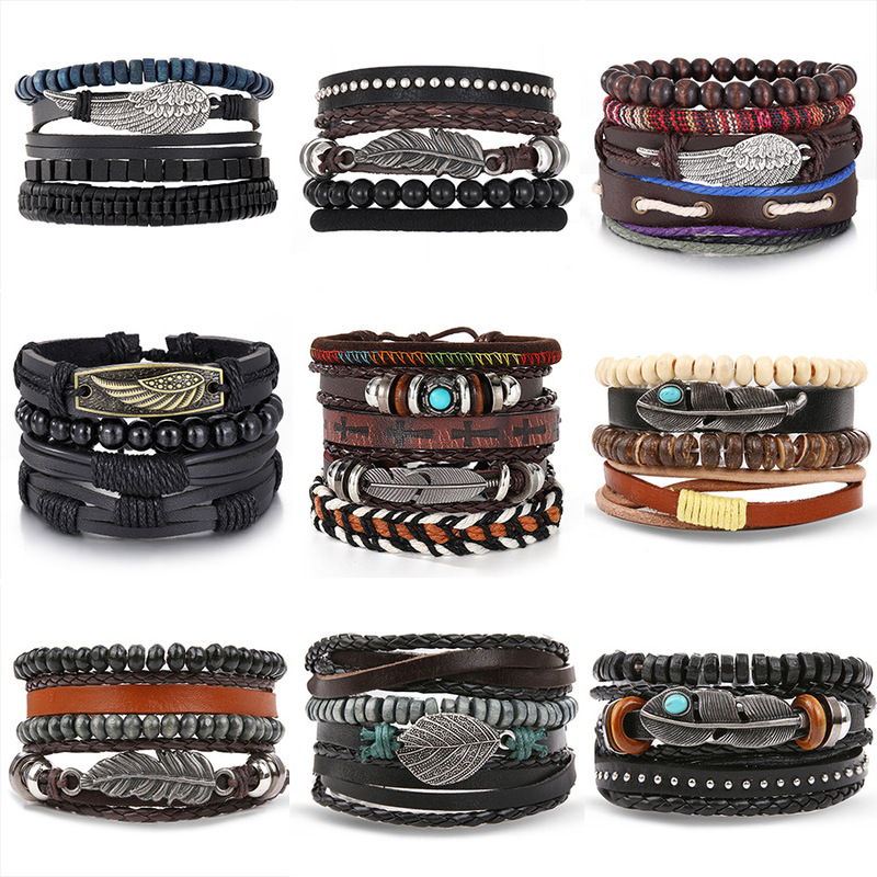 European and American Cross-border Jewelry Simple Hand-woven Retro Feather Nameplate Hand Rope Men's Artificial Leather Bracelet Bracelet