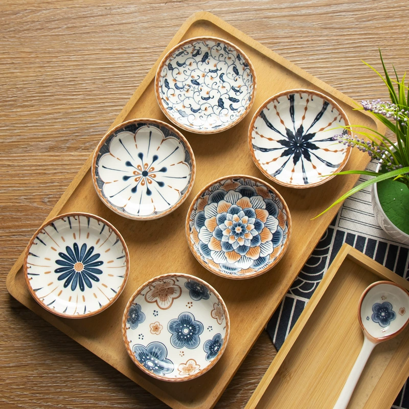 Sauce Dish (Japanese-style) Ceramic Under-Glaze Vine Pattern, Small Dipping Plate, Assorted Designs