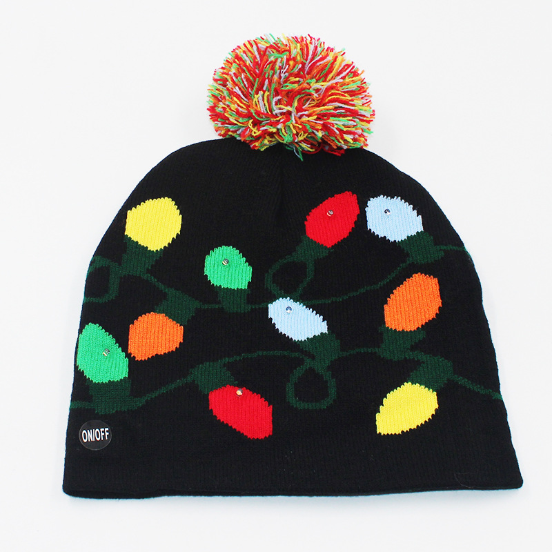 Fabricante transfronterizo de gorros navideños europeos y americanos tejidos en jacquard, gorros navideños de lana con luces LED, gorros navideños con pompón y bufandas. image 31