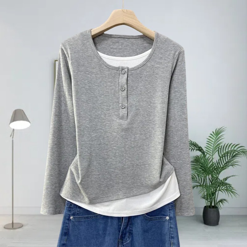 Women's two-piece long-sleeved T-shirt, new style for early autumn and winter, thin inner layer, loose outer layer.
