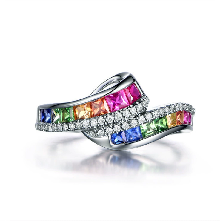 Organic sapphire ring with stone, diamond rainbow stone inlay, European style, 750 sample gold, with gem