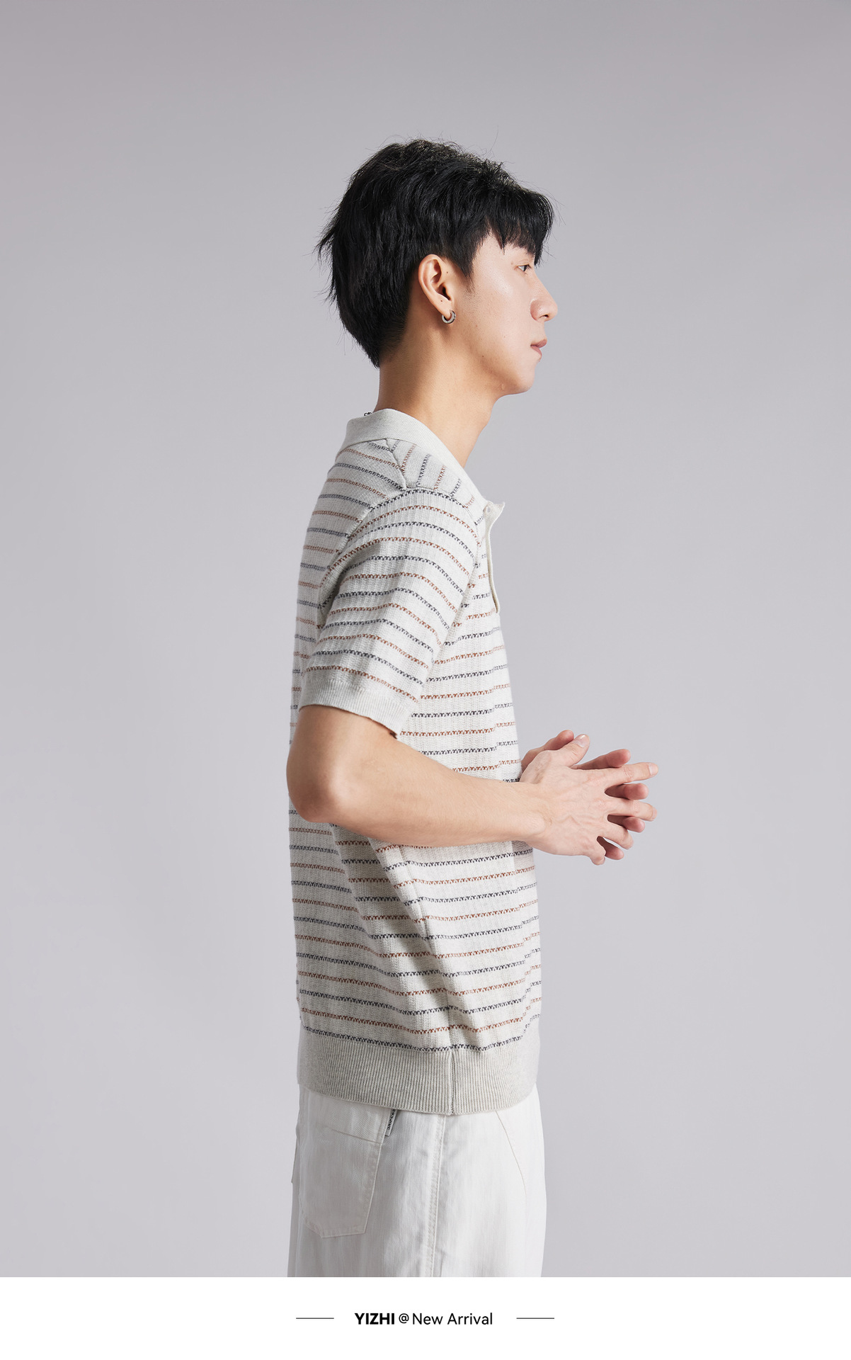 Áo polo nam dệt kim cotton sọc ngắn tay, phong cách old money, form ôm thoáng khí — Hạnh nhân sọc chi tiết 11