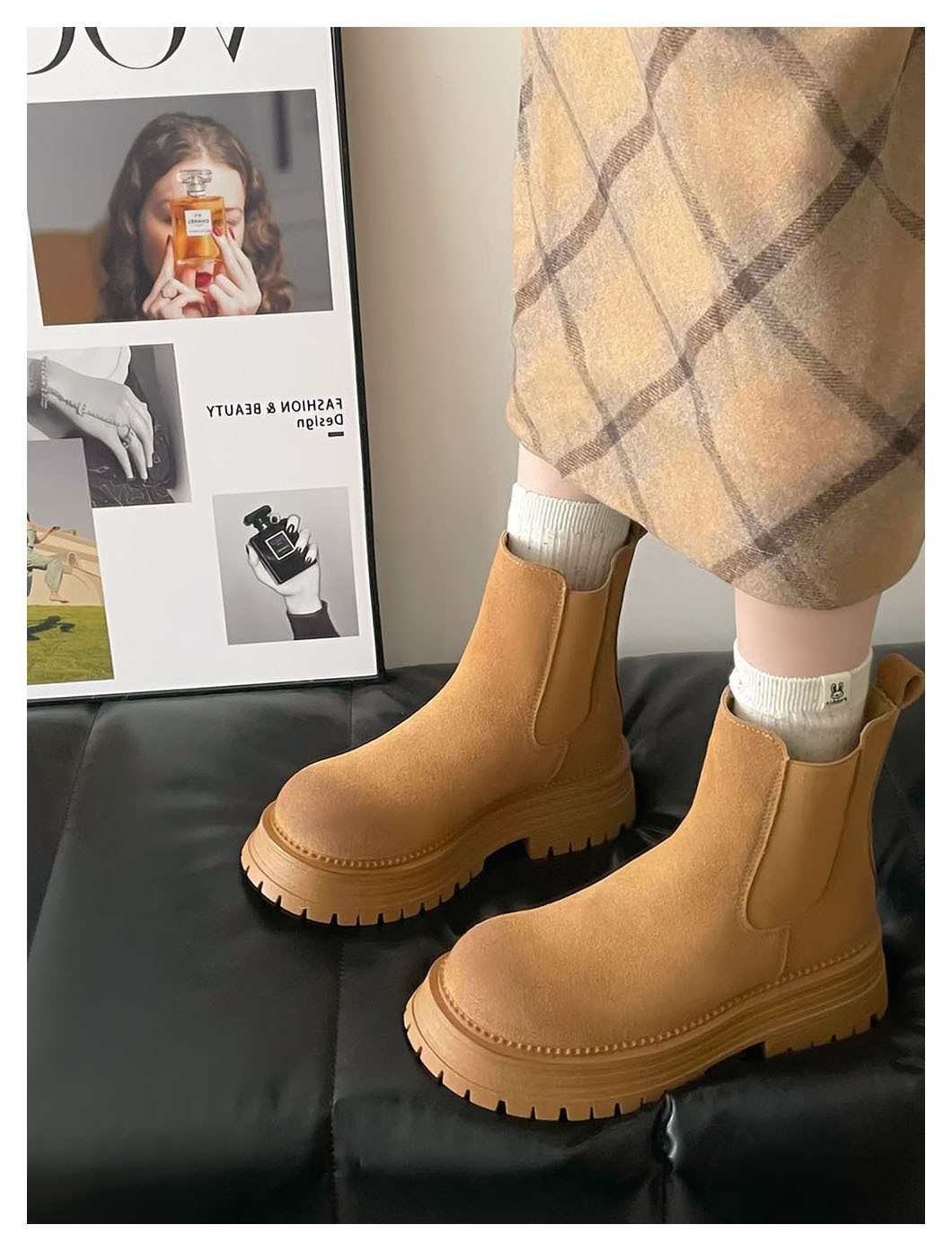 Retro all-in-one platform booties Women's new ankle boots with thick heel elastic sanded leather boots_voghion.com