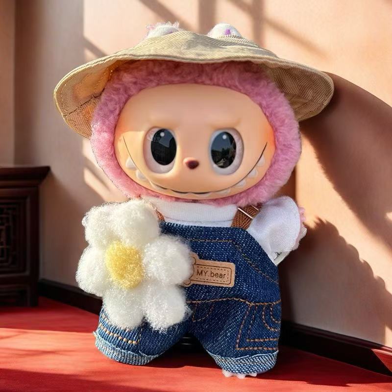 Nuevo conjunto de ropa y gorro de peluche con cara de "Sugar Glue" para muñecas, colgante de peluche, juguete Labuba, amuleto para bolso.