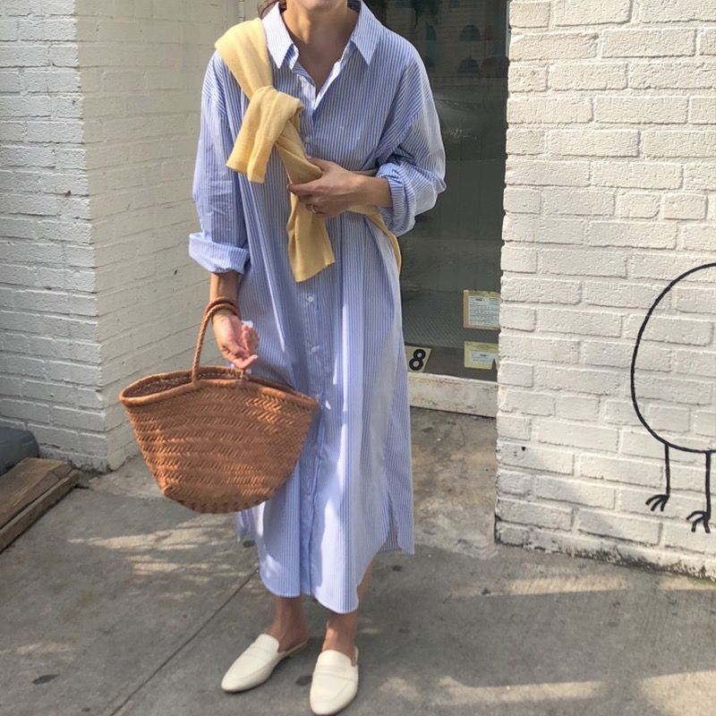 2025 New Spring and Autumn Women's Korean Style Casual Vacation Large Size Loose Lazy Style Long Sleeve Striped Shirt Dress