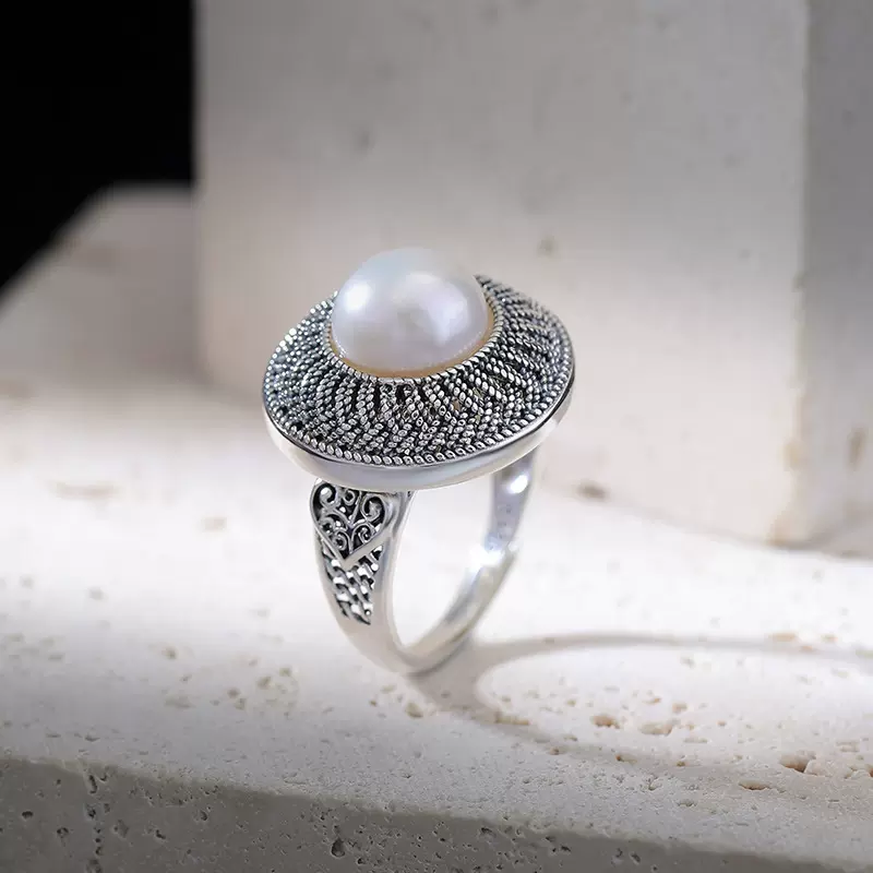 悦宝珠宝S925纯银淡水珍珠复古做旧如意编织花纹镂空圆珠戒指指环