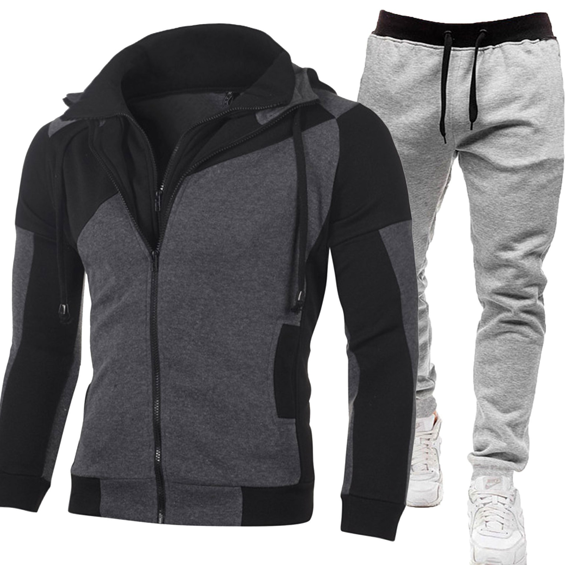 2024 New Men's Personalized Colorblock Double Layer Zip Hooded Cardigan Slim Fit Sweater_voghion.com
