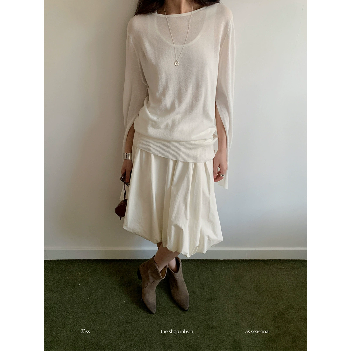 [Не подлежит возврату и обмену] Легкий дизайн, вязаный топ с длинными рукавами и разрезом, многослойный жилет с круглым вырезом, комплект из двух предметов