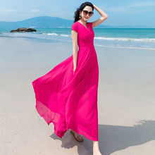 2023新款流行夏季沙灘裙子紅色雪紡連衣裙女長款修身顯瘦長裙超