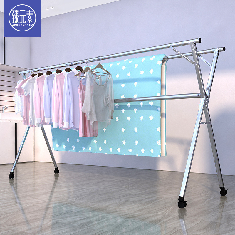 스테인레스 스틸 옷 걸이 바닥 접이식 텔레스코픽 옷 걸이 더블 막대 이불 발코니 옷 걸이 도매 X