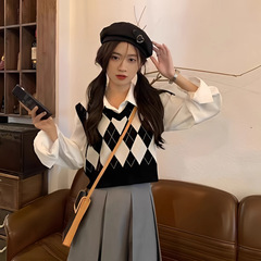 学院风马甲女秋冬小个子叠穿jk衬衫两件套小坎肩菱格短款针织背心