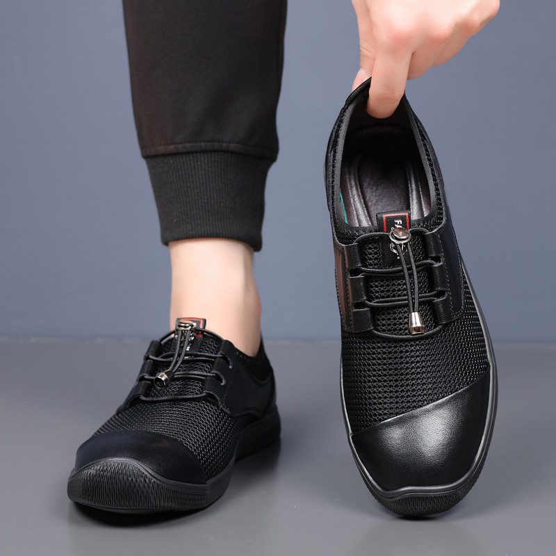 Giày nam lười xỏ chân lưới dệt thoáng khí nhẹ mỏng, giày thể thao casual đế bằng gót thấp — Màu trắng ngà, màu đen