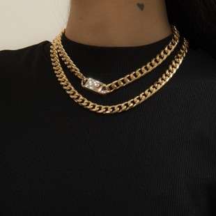 European and American Cross-Border Jewelry Hip-Hop Diamond-Encrusted Lock Head Necklace Retro Metal Aluminum Chain Necklace Set