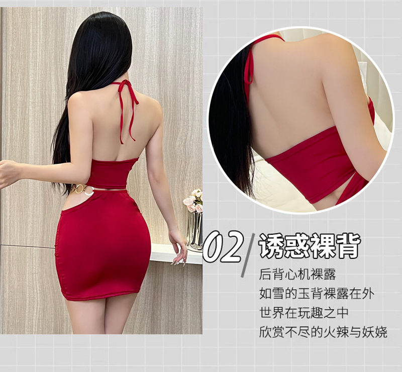 Halter Metal-Ring Backless Mini Dress in Wine Red Milk Silk — detail image 4