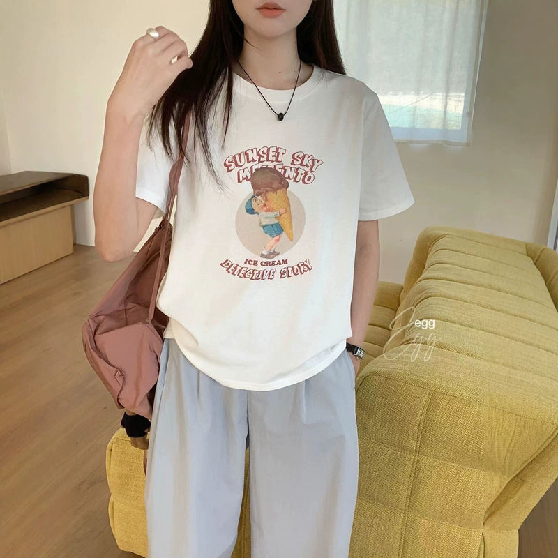 Clearance Sale: Korean Design Cartoon Print Short Sleeve T-Shirt, Round Neck, Versatile Loose Pullover Top for Women in Summer Clearance Sale: Korean Design Cartoon Print Short Sleeve T-Shirt, Round Neck, Versatile Loose Pullover Top for Women in Summer