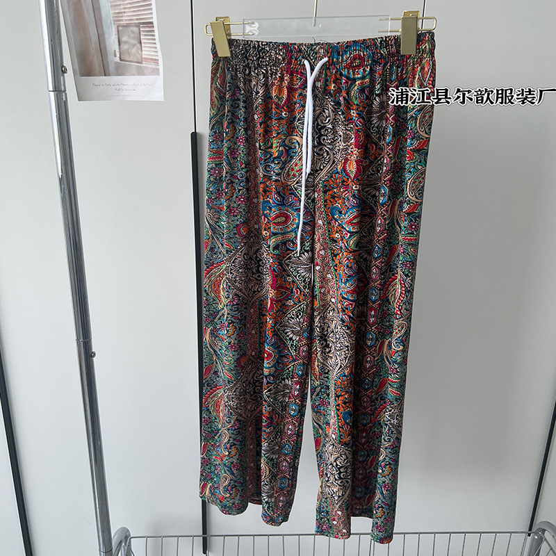 Nueva pintura de tinta china, pantalones anchos de seda de hielo y nieve, pantalones de pierna ancha delgados de verano para niños, cintura alta, pantalones de pierna recta casuales delgados