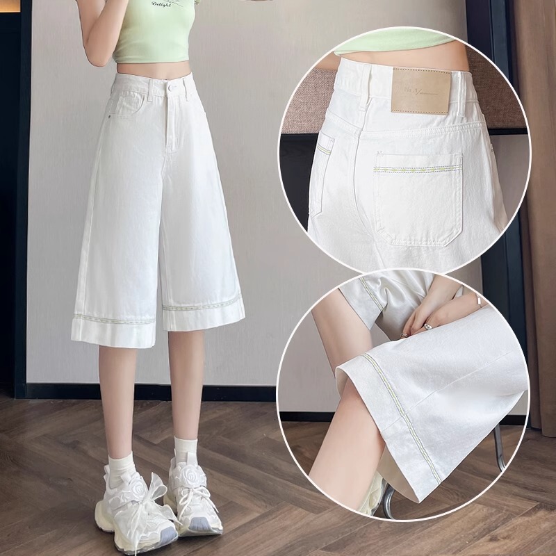 White Tencel Six-Point Wide-Leg Jeans for Women 2025 Summer Super Popular A-Line High-Waisted Loose Cropped Pants for Small People