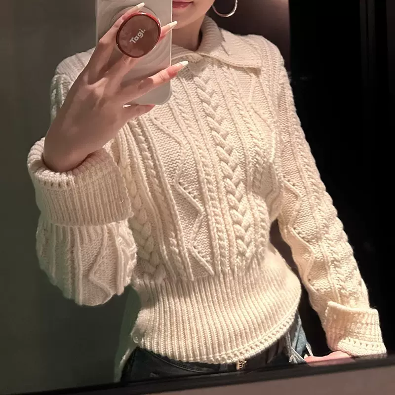 现货乖乖牌翻领绞花毛衣下摆收腰显瘦冬季百搭针织上衣百搭毛