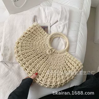 ins同款草编包菜篮子包韩版chic风柔软镂空月亮包元斗手提