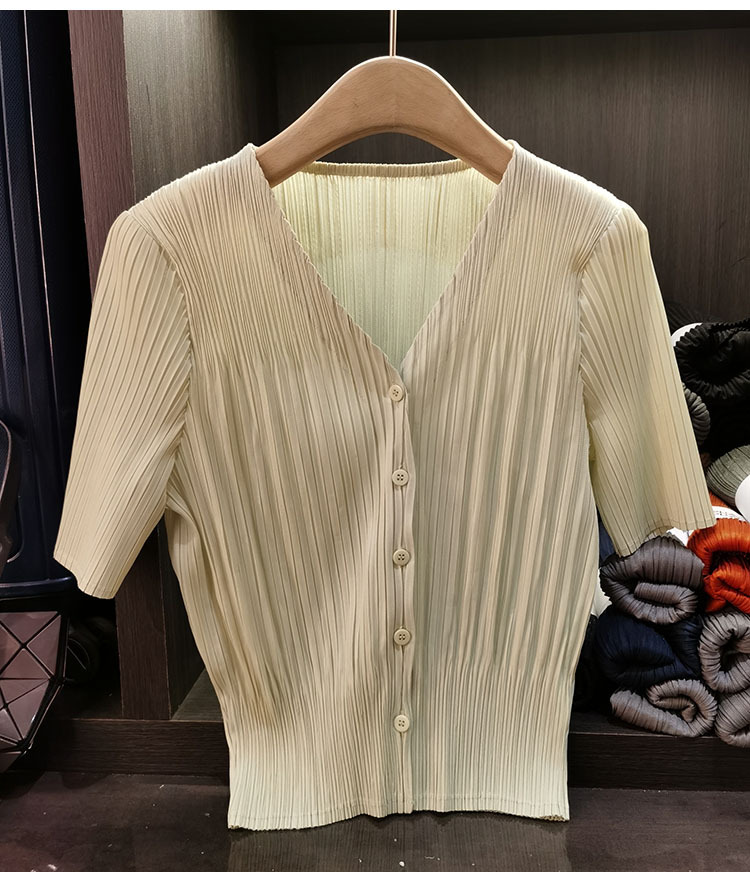 Áo cardigan cổ chữ V tay ngắn nữ phối nút đơn chất liệu mỏng mùa xuân hè — Màu xanh lục nhạt, Màu đen, Màu tím nhạt, Màu hồng chi tiết 14