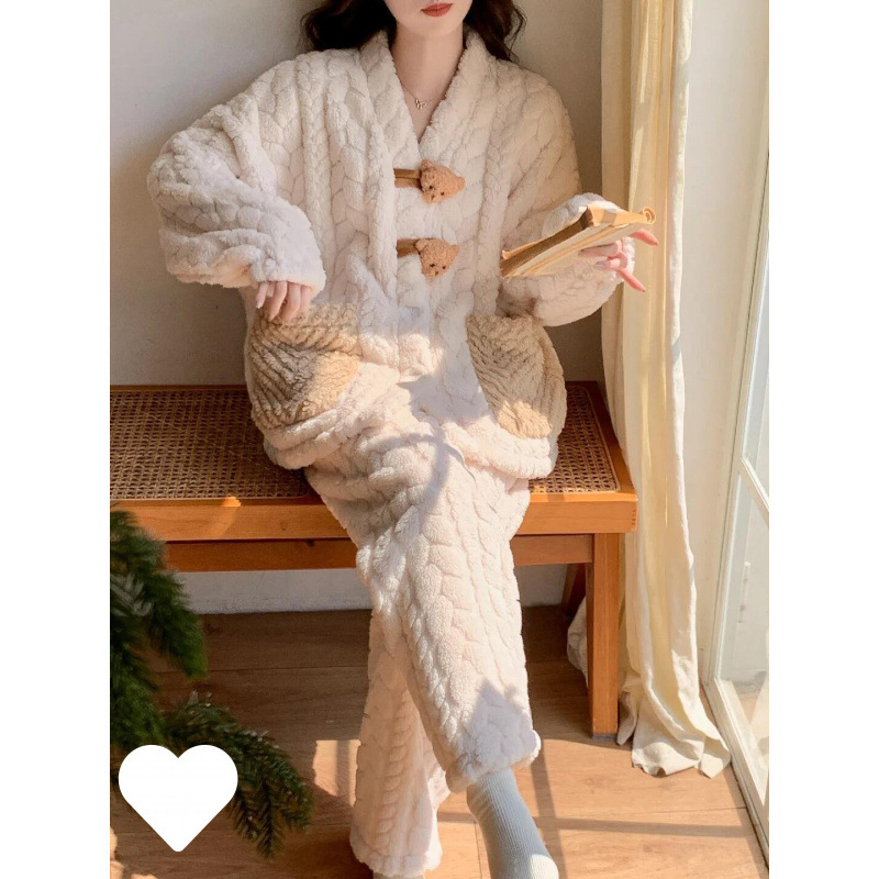 가을 겨울 여성용 잠옷, 고급스러운 산호 벨벳 가디건, 한국판 카툰 플란넬, 따뜻한 플러스 벨벳과 두꺼운 가정복