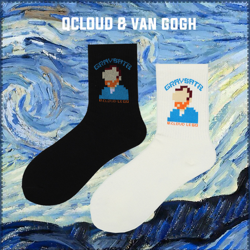 European and American Street Fashion Socks Artist Van Gogh Pixel Self Portrait Socks Men's Cotton Socks Couple's Long Stockings for Children