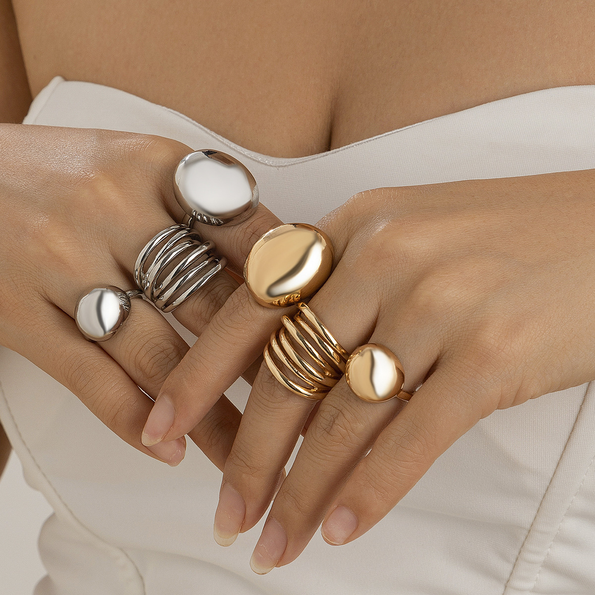 European and American geometric metal wind lava line ring set…