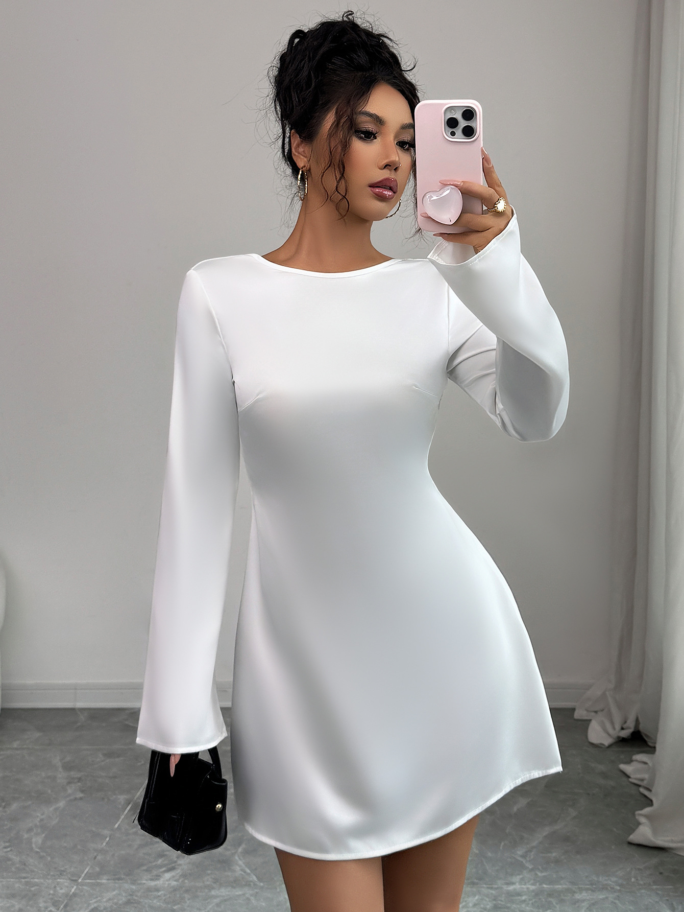 Elegant Backless Long Sleeve Party Dress For Women – Bodycon Mini Dress With Round Neck, Comfortable Polyester Fabric Versatile For Evening Events_ecoleips.com