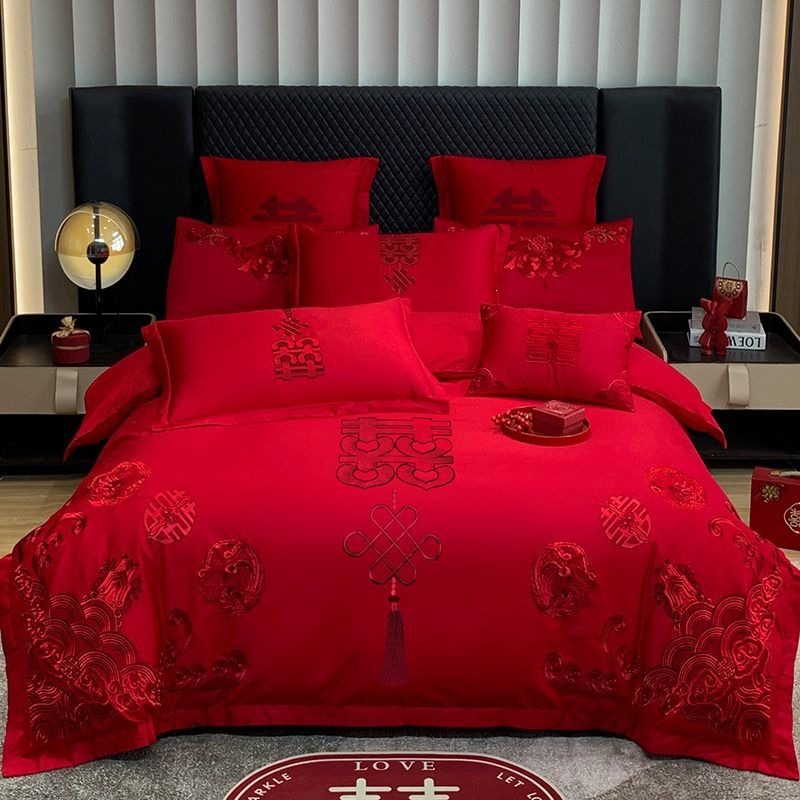 Cuatro piezas de boda china dragón-fénix bordado sábanas de boda rojas casa de boda colcha de cama image 25