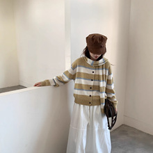 韩系穿搭宽边拼色条纹贝熊绒针织开衫＋羊毛围巾两件套上衣女8837