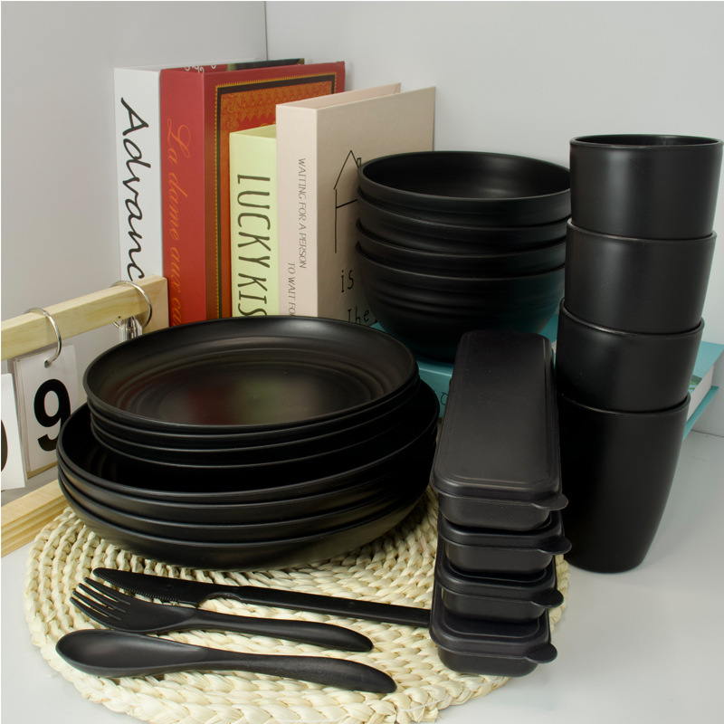 Amazon plato de comida negro tazón de sopa taza cuchillo tenedor cuchara vajilla juego de paja de trigo juego de regalo de campamento al por mayor
