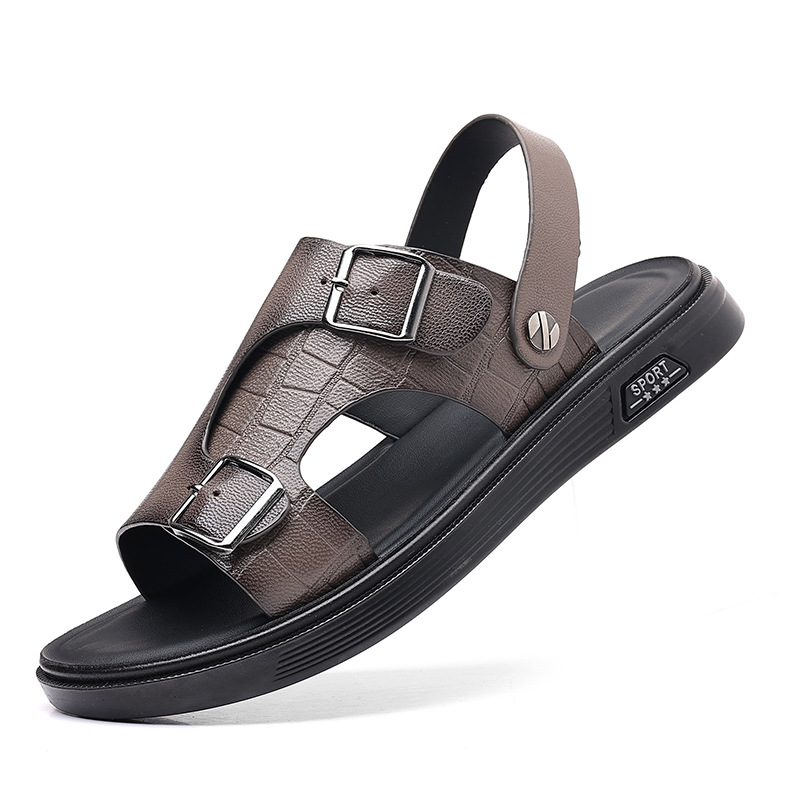 Zapatos de playa de piel de vaca de primera capa para hombre, sandalias para exteriores, zapatos transpirables con punta abierta de cuero genuino informales a la moda para hombre, nuevo estilo de verano