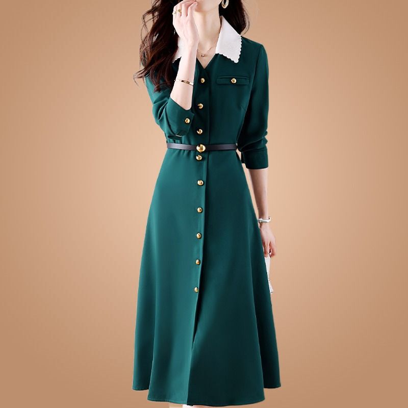 High-end long-sleeved dress women's spring and autumn 2024 new fashion elegant luxury waist slimming skirt