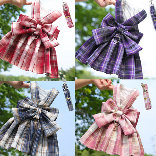 Pet JK plaid dog skirt chest strap leash walking dog cat vest clothes Teddy Fighting cat supplies