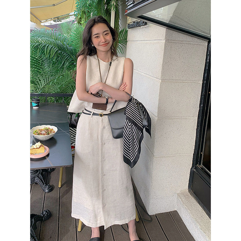 Bộ đầm hai mảnh nữ áo lanh cổ tròn không tay kèm chân váy chữ A dài vừa tôn dáng — Màu be, Màu cà phê