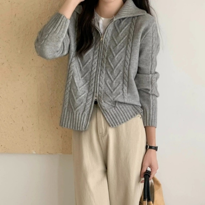 Gray Twist Zipper Suéter chaqueta mujer primavera y otoño engrosado diseño de nicho de vestir cardigan de punto perezoso